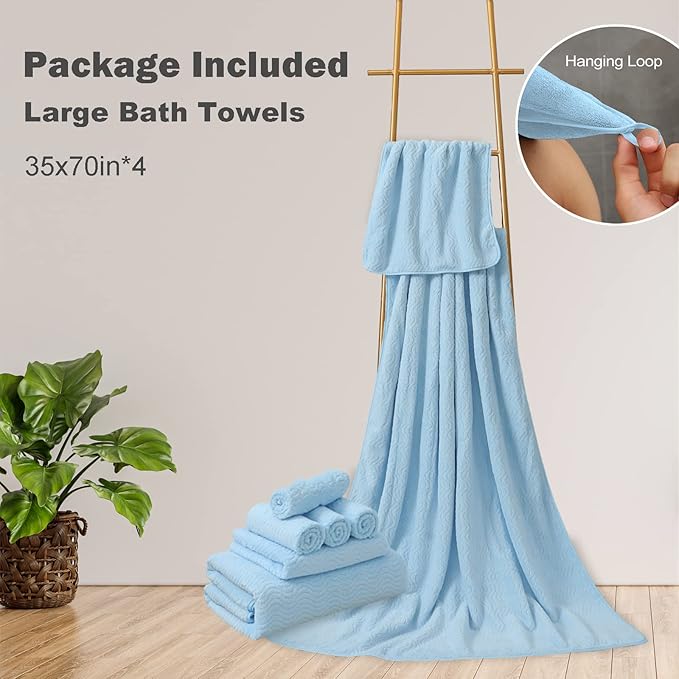 Blue Bathroom Towels Set Of 4, 35x70 Inches Oversized Bath Towels Extra Large Microfiber Shower Towels Textured Ultra Soft Absorbent Quick Dry Towel Bath Sheets Towels For Adults Bathroom Hotel Spa