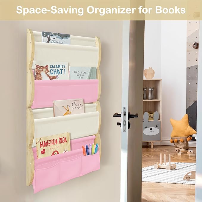 Wooden Wall Mounted Bookshelf for Kids Rooms, 4 Tier Floating Nursery Book Shelf, Kids Bookshelf with 2 Pockets, Toddler Sling Book Rack with Deep Sleeves (Pink)