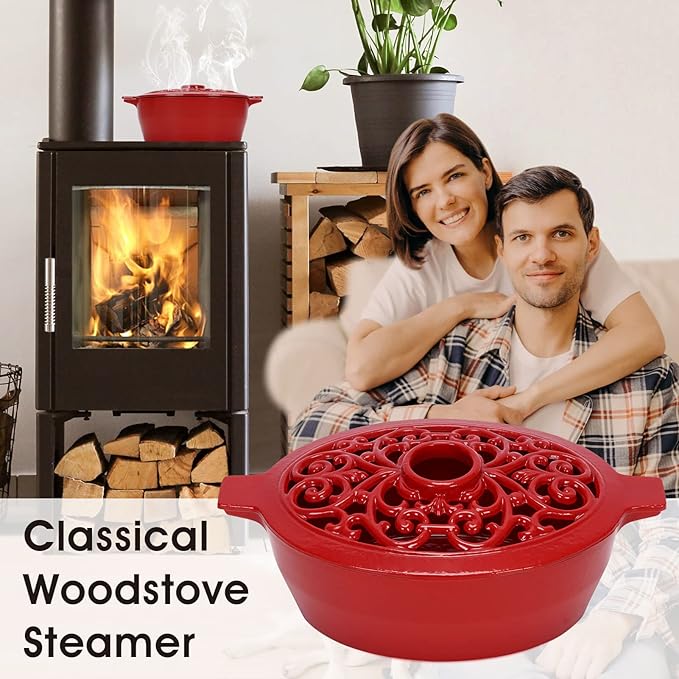 INNO STAGE Wood Stove Steamer, Cast Iron Humidifier for Stove, Home Indoor Decorative, Red Finish, Rust Resistant, Lattice Top, 2.5 Quart Capacity, Patented