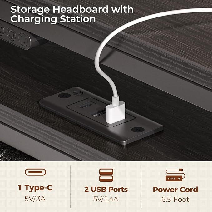 Seventable Bed Frame Twin Size with Charging Station, LED Bed with Upholstered Storage Headboard, Metal Platform Bed with Under Bed Storage, No Box Spring Needed, Noise Free, Easy Assembly, Black