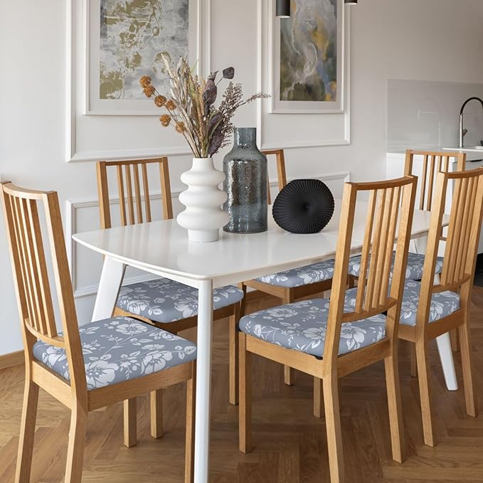Seat Covers for Dining Room Chairsset of Set of 4, Light Blue Gray Floral Boho Stretch Chair Seat Covers Cushion Slipcovers for Kitchen Office