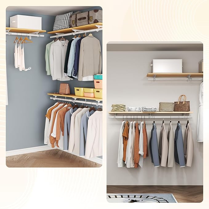 Mounted Closet Systems with Removable Shelves & Hanging Rods - Solid Wood Wall-Mounted Wardrobe Organizer for Bedroom, Walk-in Closet, 47.2in Space Saving Closet Storage System(1 Pack)