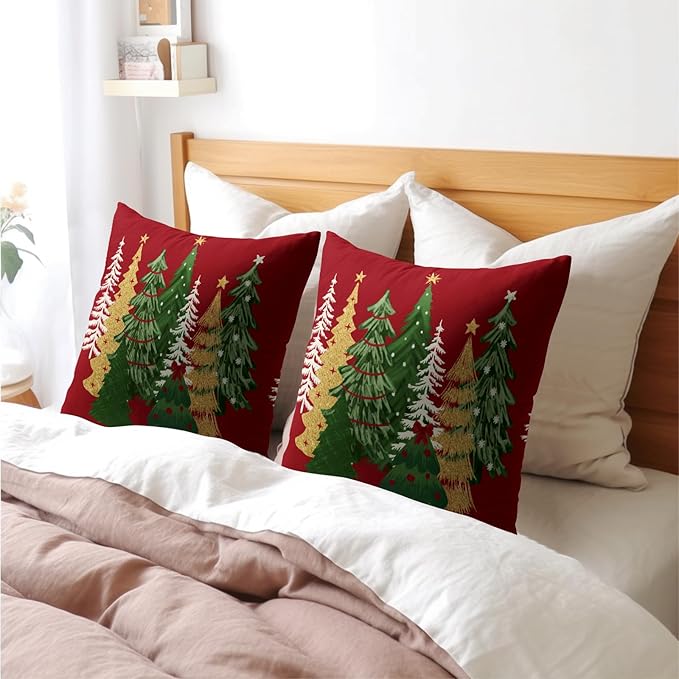 Kawani Christmas Red Decorative Pillow Covers 22x22 Inch Set of 2 Christmas Tree Outdoor Throw Pillow Covers Winter Xmas Holiday Pillowcases Cushion Covers for Home Couch Christmas Decor