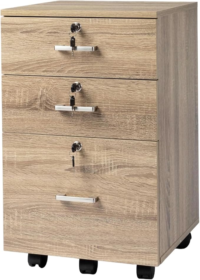VINGLI 3-Drawer File Cabinet with Lock, Wood Rolling Filing Cabinets for Home Office, Mobile Printer Stand, Under Desk File Organizer for Letter Sized Files, 26" H(Caster Included), Oak