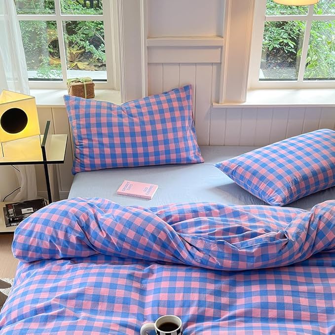 FACE TWO FACE Bedding Duvet Cover Set100% Washed Cotton Duvet Cover Linen Like Textured Breathable Durable Soft Comfy (King, Blue Purple Grid)