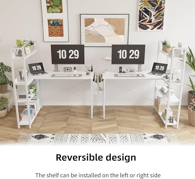 Treesland 47 Inch Computer Desk with Bookshelf, Corner Desk with Storage, L Shaped Desk, Home Office Desks, Writing Study Desk for Bedroom, White