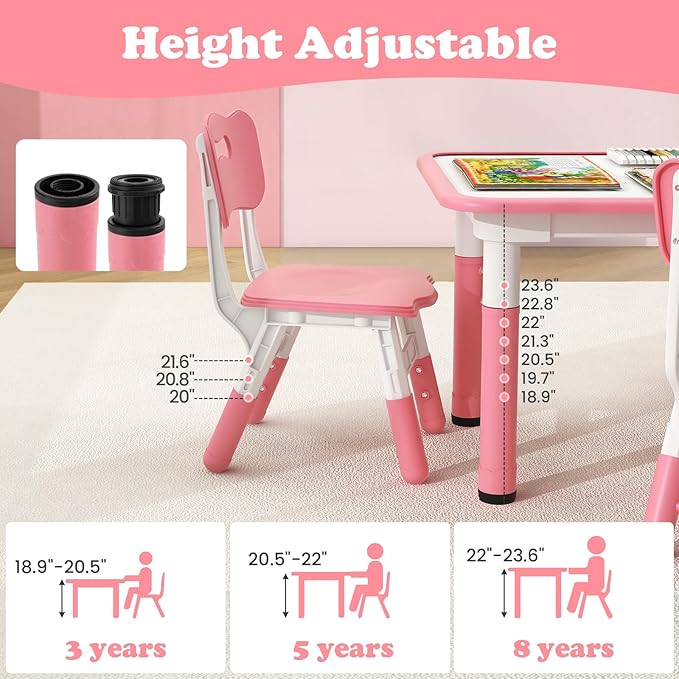 INFANS Kids Table and Chiar Set, Height Adjustable Toddler Desk and 4 Chairs with Graffiti Desktop Non-Slip Legs, Large 47" L x 23.5" W Multi-Activity Art Table for Daycare Classroom Home (Pink)