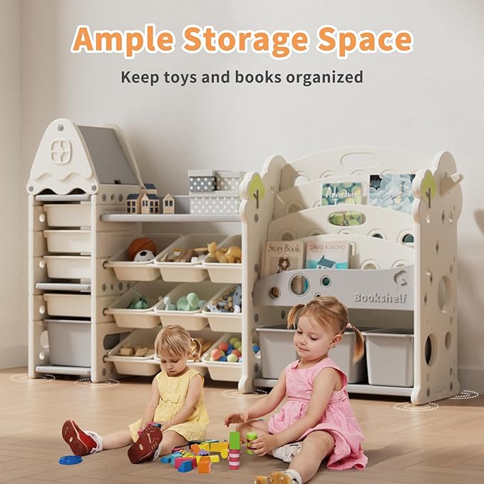 Kids Toy Storage Organizer with 17 Removable Bins, 4-Tier Bookshelf for Kids, Multi-Purpose Castle-Shaped Toy Organizer for Playroom, Bedroom, Nursery, Living Room (Beige)