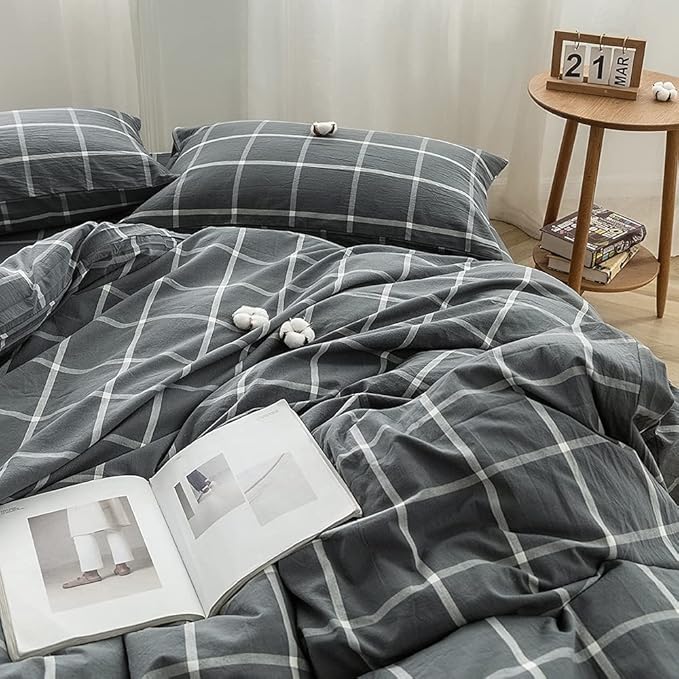 FACE TWO FACE Bedding Duvet Cover Set100% Washed Cotton Duvet Cover Linen Like Textured Breathable Durable Soft Comfy (King, Light Gray)