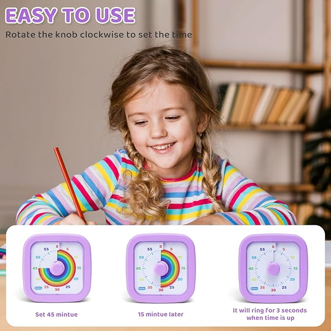 60 Minute Visual Timer for Kids and Adults, Square Countdown Timer with Rainbow Pattern, Desk Timer Kids Time Kitchen Timer Management Tools for Classroom Office Home, Purple