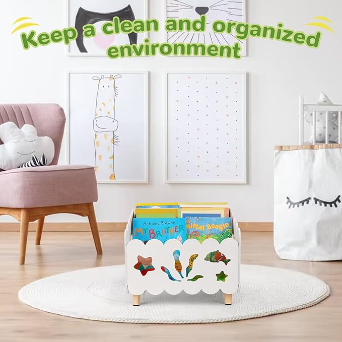 Liitrton Wood Kids Bookshelf for Kids Rooms, Toddler Montessori Bookshelf with 3 Adjustable Dividers, Small Kid Bookcase for Nursery Book Toy Storage (White)