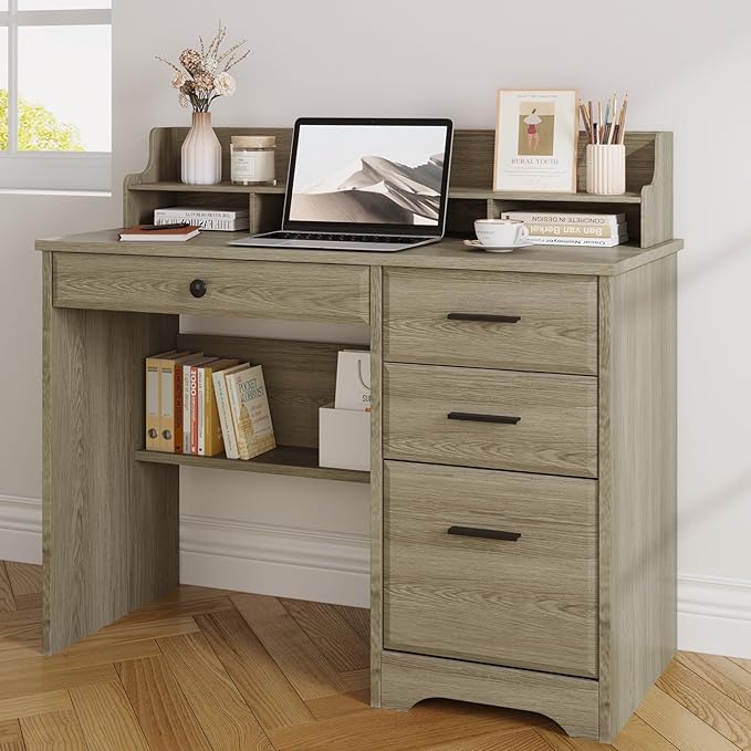 4 EVER WINNER Computer Desk with Drawers, Farmhouse Home Office Desk with Monitor Stand and File Drawer, Wood Simple PC Desk with Storage, Writing Desk for Bedroom, Grey