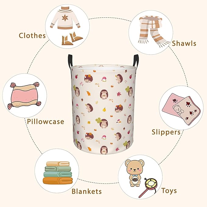 Laundry Hamper, Fall Hedgehogs Mushroom and Leaves Laundry Basket,Waterproof Foldable Storage Bin for Bedroom,Clothes Organizer Basket,Toys Box 16x20 Inch
