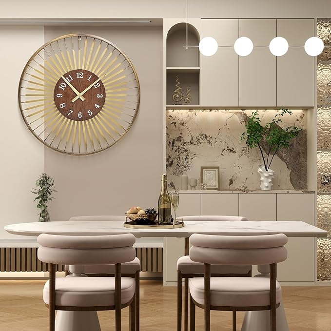 24 Inch Mid-Century Modern Wall Clock, Round Frame Metal Design with Walnut Wood Center, Silent Quartz Movement, Gold-Tone Accents – Decorative Wall Clock for Living Room, Bedroom, and Office