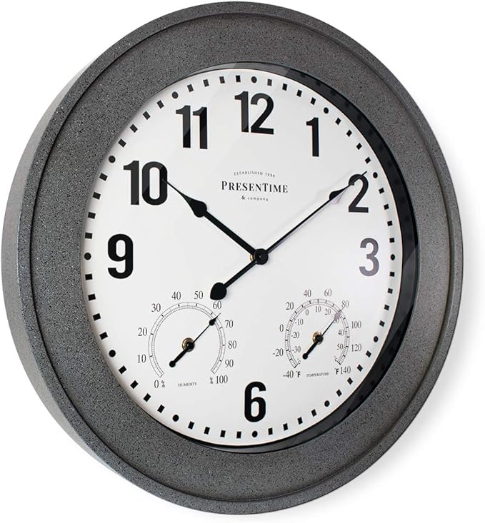 Presentime & Co. 20" Bradford Indoor/Outdoor Farmhouse Clock with Weather Station, Gray Stone Finish