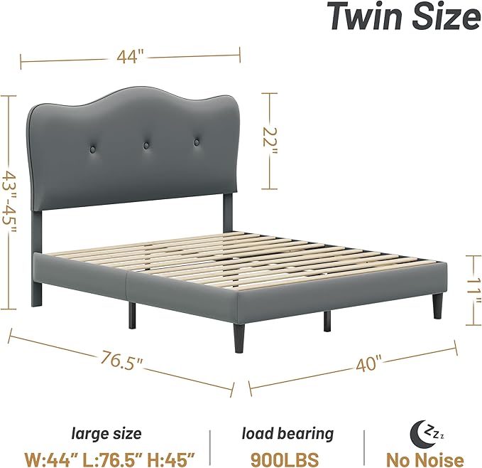 Twin Size Bed Frame, Upholstered Bed Frame with Headboard, Platform Bed Frame with Wood Slats Support, No Box Spring Needed, Adjustable Height Headboard, Dark Grey