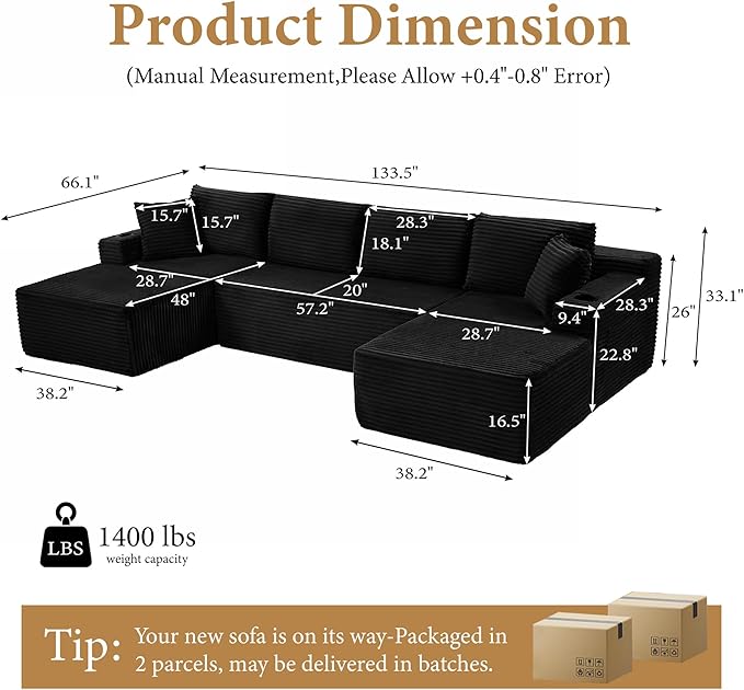 104''Sectional Cloud Couch with L Shaped Chaise,Modern Modular Sectional Sofa,Boneless Couch with Deep Seat,Comfy Couches for Living Room (Black, U Shaped)