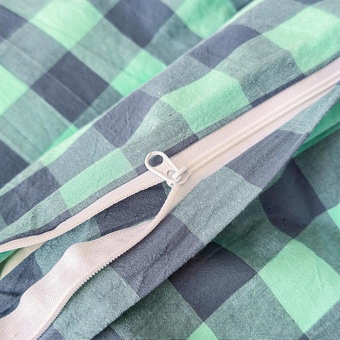 FACE TWO FACE Bedding Duvet Cover Set100% Washed Cotton Duvet Cover Linen Like Textured Breathable Durable Soft Comfy (King, Blue Green Grid)