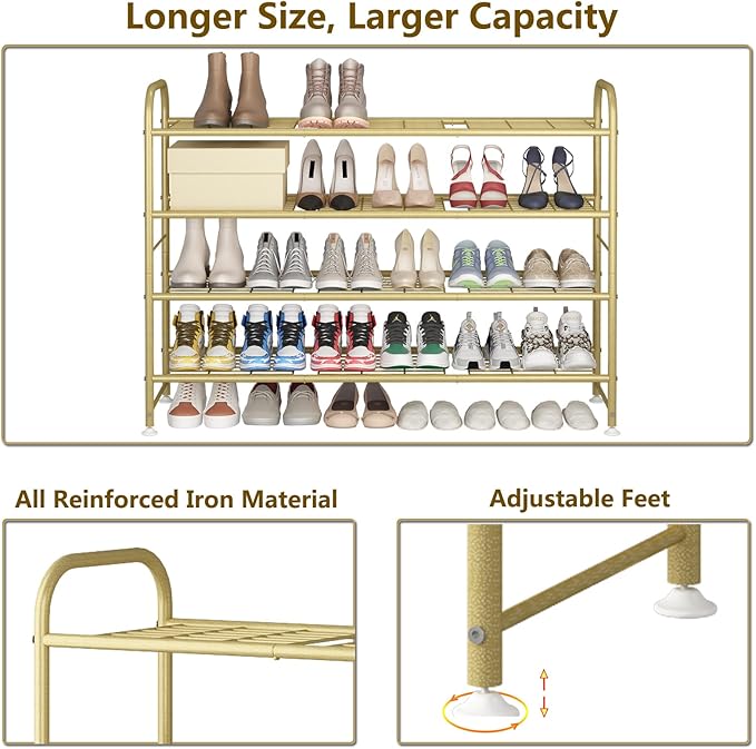 LINZINAR Shoe Rack 4 Tier Storage Organizer for Closet Entryway Metal Gold