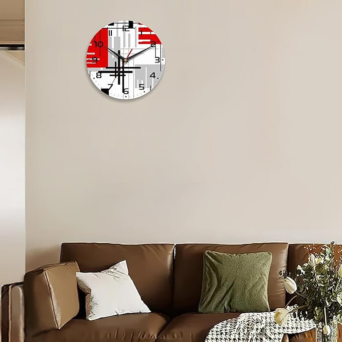 Wall Clocks Battery Operated,Red Black Abstract Line Clock for Living Room,Decorative Wall Clock for Living Room, Bedroom, Bathroom and Kitchen,10 Inch
