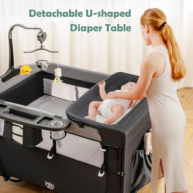 BABY JOY 5-in-1 Pack and Play, Baby Bedside Sleeper with Bassinet, Multifunction Bedside Crib from Newborn to Toddlers, U-Shaped Diaper Changer, Playard, Safety Strap, Music Box & Hanging Toys