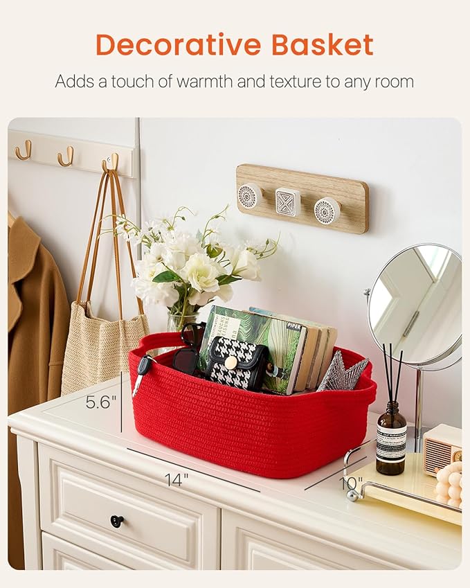 KALLAX Small Woven Basket, 14 x 10 x 5.6 Inches, Small Storage Baskets for Organizing, Gift Baskets Empty, Cute Rope Shelf Closet Storage Bins for Shelves, Dog Toy Basket, Red