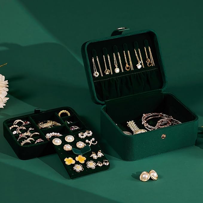 Homde Jewelry Box Small for Women: Ring Earring Organizer Storage for Dresser - Necklace Bracelets Holder with Multi Compartments(Dark Green)