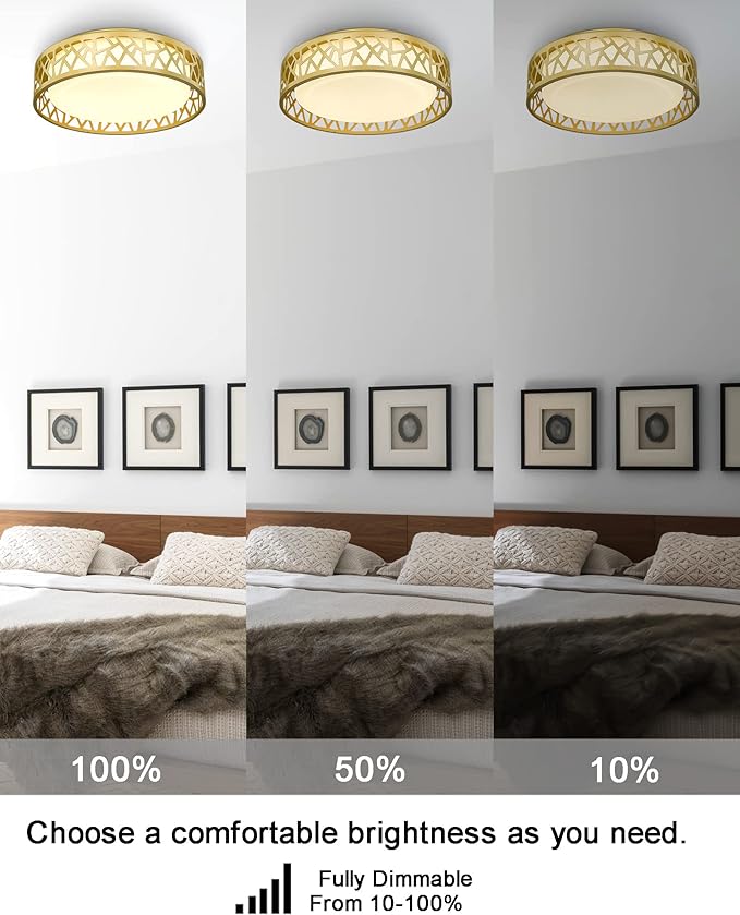 LED Flush Mount Ceiling Light, 12 inch 15W 1100 Lumens Close to Ceiling Light Fixtures, 3000K Warm White, Gold Finish with White Glass Shade, ETL Listed for Kitchen, Hallway, Bedroom