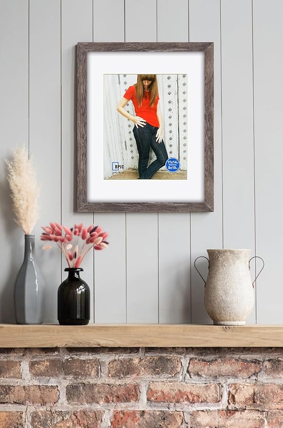 11x14 inch Picture Frame Made of Solid Wood and High Definition Glass Display Pictures 8x10 with Mat or 11x14 Without Mat for Wall Mounting Photo Frame Rustic White