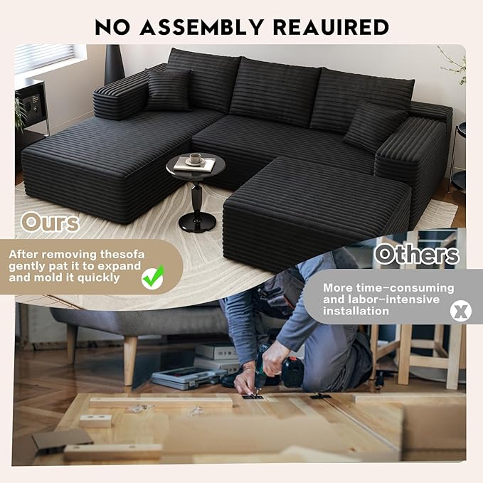107.5" Cloud Sectional Couch with 1 Ottoman,Modern Modular Sofa with Deep Seat, Comfort U Shaped Sofa Couches for Living Room Bedroom Apartments,No Assembly Required, (Black,Left Facing Chaise)