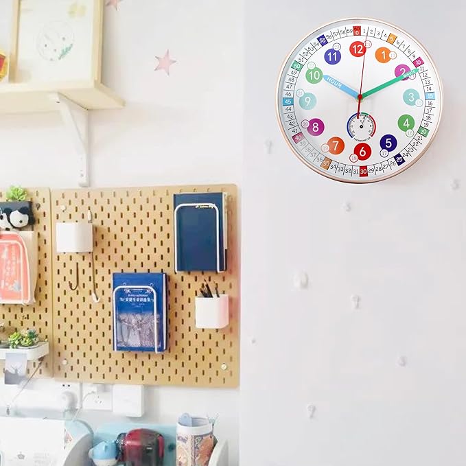 Wall Clocks,10Inch Learning Time Clock, Colorful Clock Face Silent Clocks with Simple Thermometer,Clear Digital Wall Clock (Rose Gold)