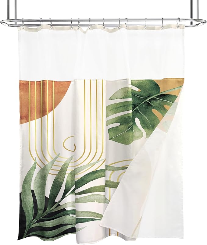Glawry Boho Shower Curtain with Snap in Liner Modern Mid Century Tropical Palm Leaves Abstract Geometric Modern Arch See Through Mesh Top Window 72Wx72L Inches Bathroom Art Home Decor 12 Pack Hooks