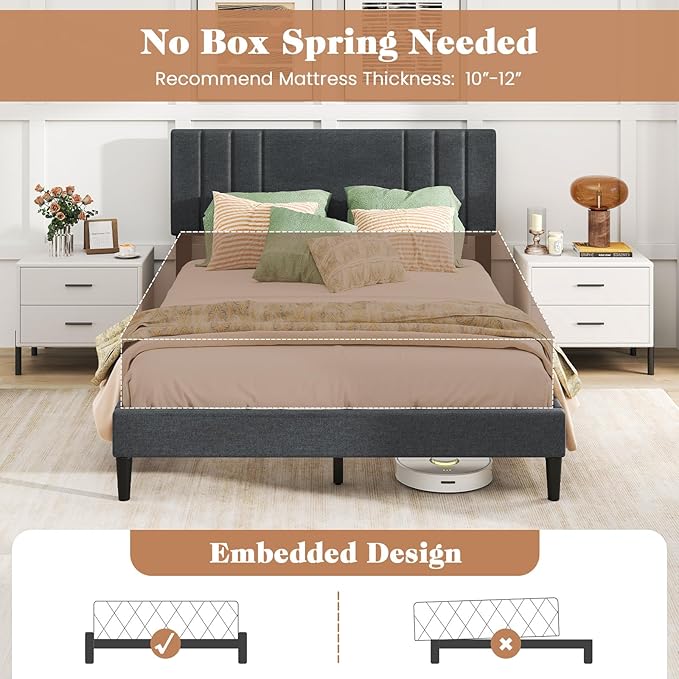 Giantex Queen Platform Bed Frame, Modern Upholstered Bed Frame with Vertical Channel Tufted Headboard, Wooden Slats Support, No Box Spring Needed, Gray
