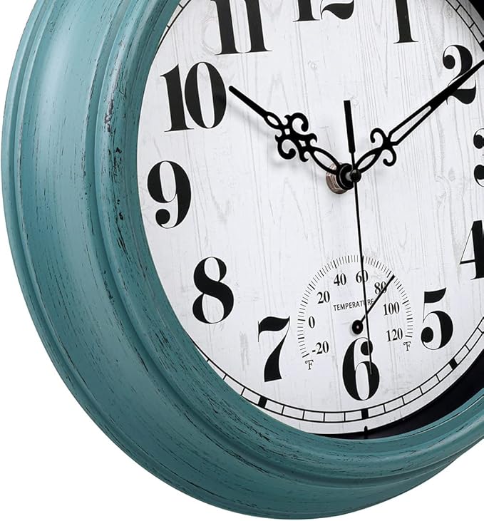 zyzamay 12 Inch Indoor Outdoor Clocks,Waterproof Wall Clock with Thermometer,Easy to Read,Non-Ticking Battery Operated Quality Quartz Clock, Decorative for Patio,Porch,Pool,Bathroom,Deck(Green)
