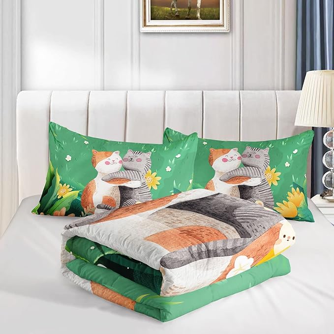 Cute Cat Kids Comforter Bedding Set for Boys Girls, Watercolor Cat Forest Rabbit and Flower Print Comforter with 2 Pillowcases(Cute Cat Full)