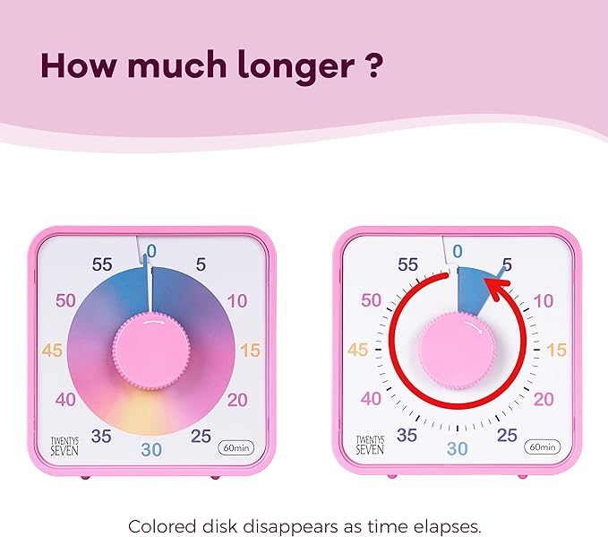 TWENTY5 SEVEN Countdown Timer 7.5 inch, 60 Minute 1 Hour Visual Timer for Classroom Teaching Tool Office Meeting, Mechanical Countdown Clock for Kids Exam Time Management Magnetic, Ombre Pink Macarons