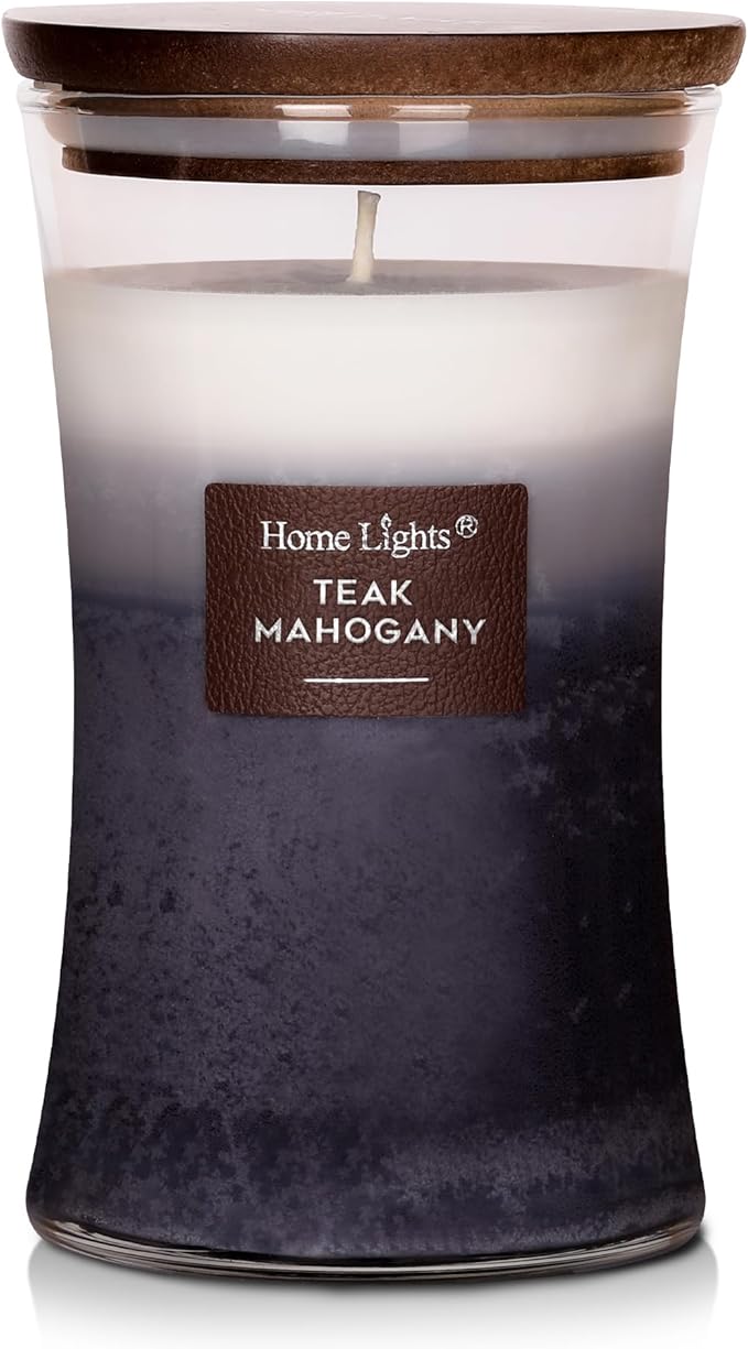 HomeLights 3-Layer Candles for Home Scented, 21.52 OZ Natural Soy Wax Scented Candles Burns Up to 100 Hours, Large Jar, Teak Mahogany