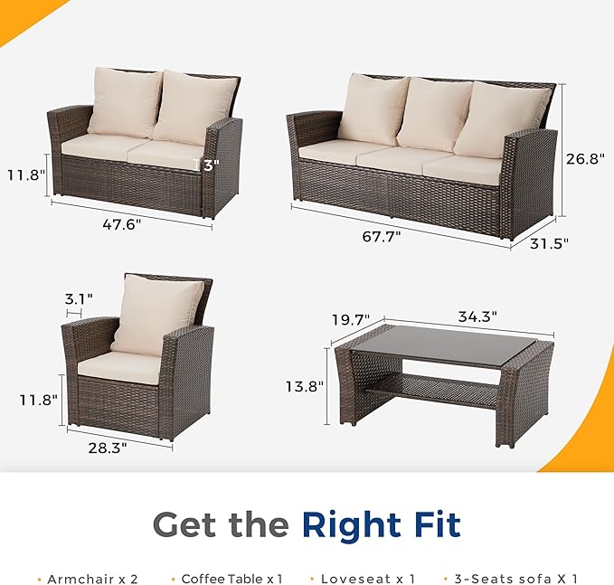 Wisteria Lane 5 Piece Outdoor Patio Furniture Sets, Wicker Conversation Set for Porch Deck, Brown Rattan Sofa Chair with Cushion