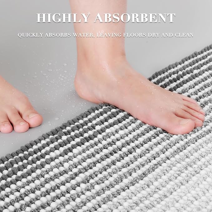 BSICPRO Bathroom Rugs and Mats Sets, 2 Piece Thick Absorbent Chenille Bath Mat Rug Set Non Slip, Soft Shaggy Bath Room Floor Mats for Bathroom, Machine Washable (Gray, 20" x 47" Plus 20" x 32")