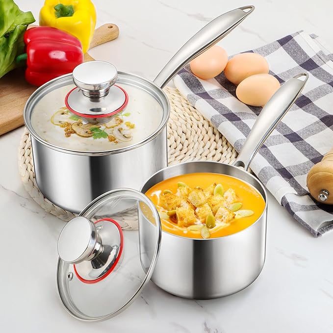 E-far Triply Stainless Steel Saucepan Set, 1Qt & 3 Qt Sauce Pan Pot with Lid for Cooking Pasta Warming Milk Boiling Water, Small Metal Cookware for Kitchen, Induction Ready & Heavy Duty