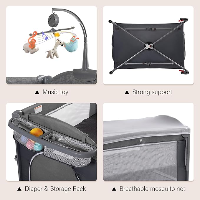 5 in 1 Baby Bassinet, Bedside Cribs, Pack and Play Changing Table, Portable Travel Baby Bassinet Toys & Music Box,Mattress for Girl Boy Infant Newborn (Grey)