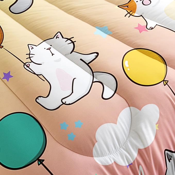 Kids Comforter Set Cute Cats Printed Pattern Bedding Set with 1 Comforter and 2 Pillowcases for Girls Boys Bedroom All Season(Cat1 Twin)