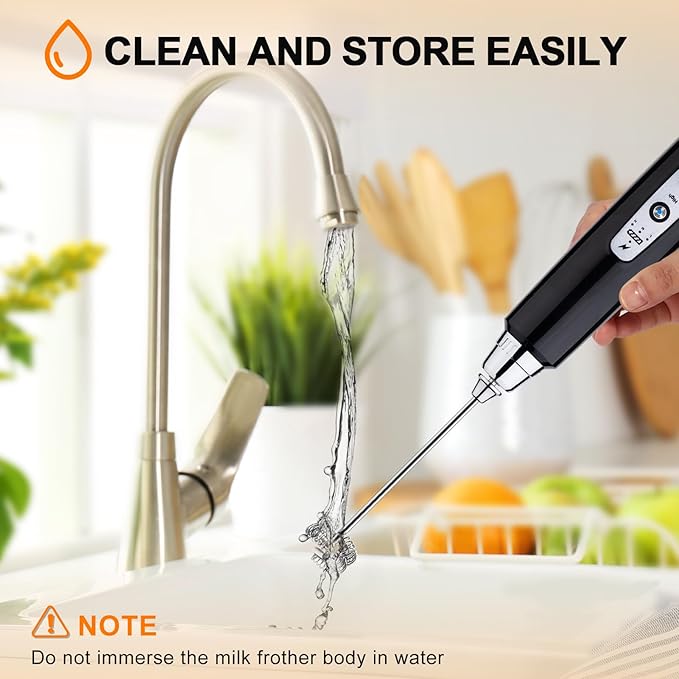 YUSWKO Handheld Milk Frother Wand for Coffee, Rechargeable Electric Whisk with 3 Heads 3 Speeds Drink Mixer Coffee Frother For Latte, Cappuccino, Hot Chocolate, Egg (Without Stand, Light Black)