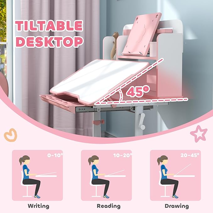 Qaba Kids Desk and Chair Set, Height Adjustable Kids School Study Desk and Chair Set with Tilt Desktop, Storage Drawer and Reading Rack for Writing, Reading and Drawing, Pink