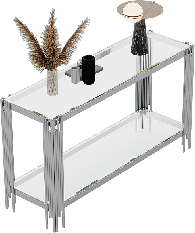 Goujxcy Modern Glass Console Table 55" Silver Entryway Table with Tempered Glass Top and Mirror Stainless Steel Legs,Luxury Rectangular Sofa Table for Living Room Hallway Corridor Table (Silver)