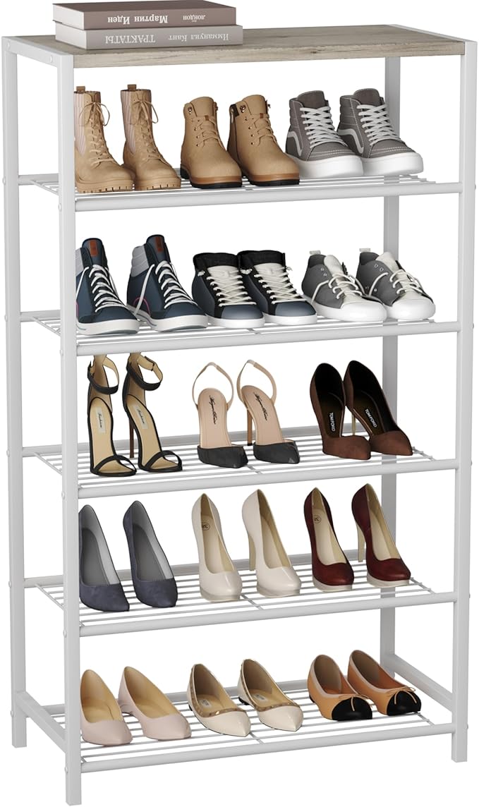 HOMEFORT Shoe Rack 6-Tier, Shoe Storage Shelf, Industrial Shoe Tower, Narrow Shoe Organizer for Closet Entryway, Small Shoe Rack Table with Durable Metal Shelves,White Oak