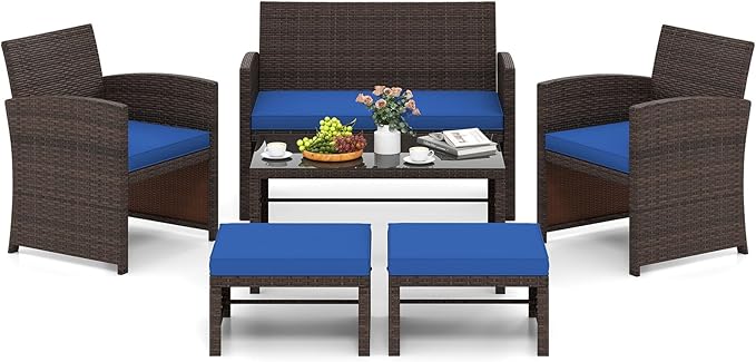 Tangkula 6 Pieces Patio Furniture Set, Outdoor Sectional Conversation PE Rattan Sofa Set with 1 Loveseat, 1 Coffee Table, 2 Armchairs and 2 Ottomans for Garden, Deck, Backyard and Poolside (Navy)