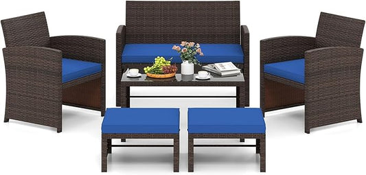 Tangkula 6 Pieces Patio Furniture Set, Outdoor Sectional Conversation PE Rattan Sofa Set with 1 Loveseat, 1 Coffee Table, 2 Armchairs and 2 Ottomans for Garden, Deck, Backyard and Poolside (Navy)
