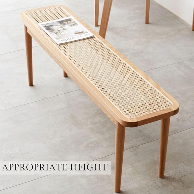 47.2'' Natural Rattan Dining Bench with 100% Solid Oak Wood Bench Frame, Bed End Shoe Ottoman for Kitchen Bedroom Entryway, Natural Oak