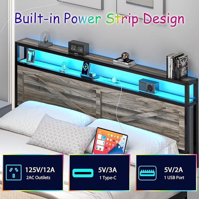 Full Size Bed Frame with LED Lights and Charging Station, Metal Platform Bed Frame Full with Storage and Rustic Barn Door Headboard, Noise Free, No Box Spring Needed, Easy Assembly, Wash Grey